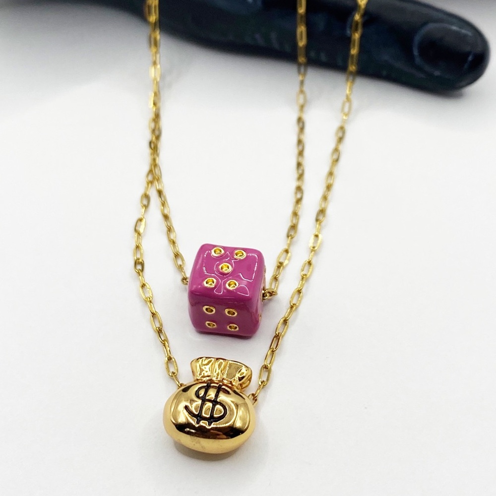 NEW Gold Money Bag & Pink Dice Layered Necklace - Picture 6 of 12